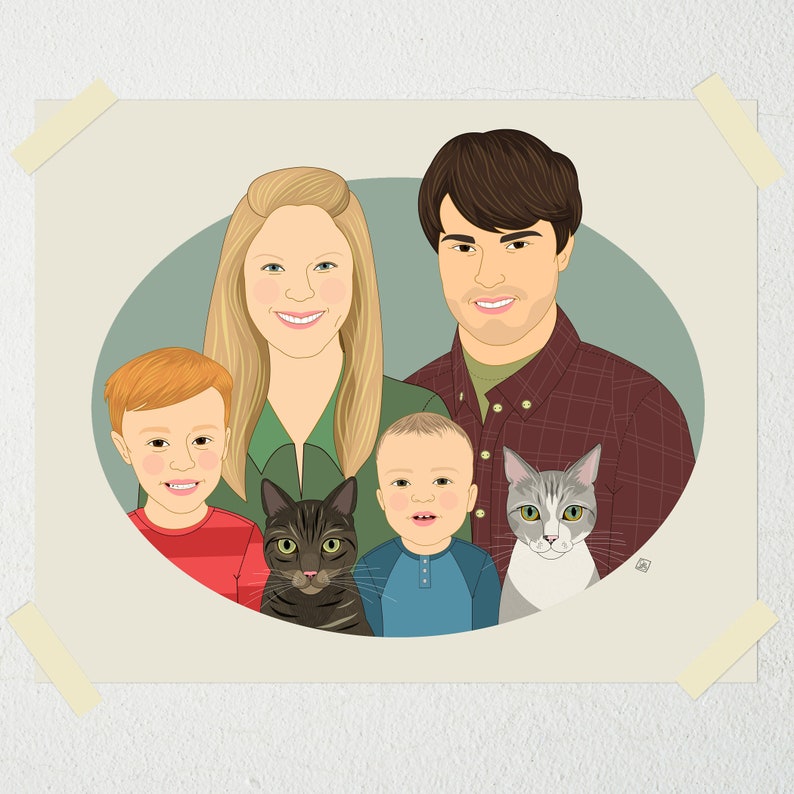 Custom Family Portrait Illustration From Photos. Dog and Cat Lover Family Portraits. Anniversary or Birthday Gift. image 1