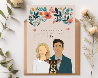 Faire-part de mariage unique avec portraits personnalisés. Prêt à imprimer. Réservez la date, RSVP, carte de remerciement. Fichiers numériques.