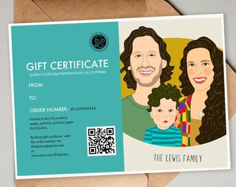 Last minute Mother's Day gift. Printable Gift Certificate. Portrait of 3 people + 8x10' Art print.  Family Drawing from Photo.