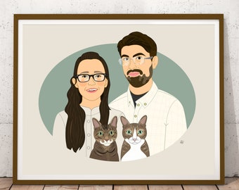 Cadeau de pendaison de crémaillère, portrait pour propriétaires de chats, portrait personnalisé de 2 personnes avec 2 chats. Cadeau d'anniversaire. Décoration de la maison. Art mural.