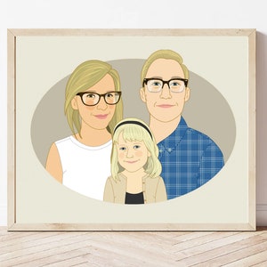 Regalo per una famiglia di 3 persone. Illustrazione familiare personalizzata. Disegno digitale. immagine 2