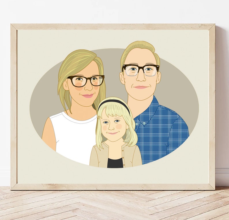 Regalo para familia de 3. Ilustración familiar personalizada. Dibujo Digital. imagen 2
