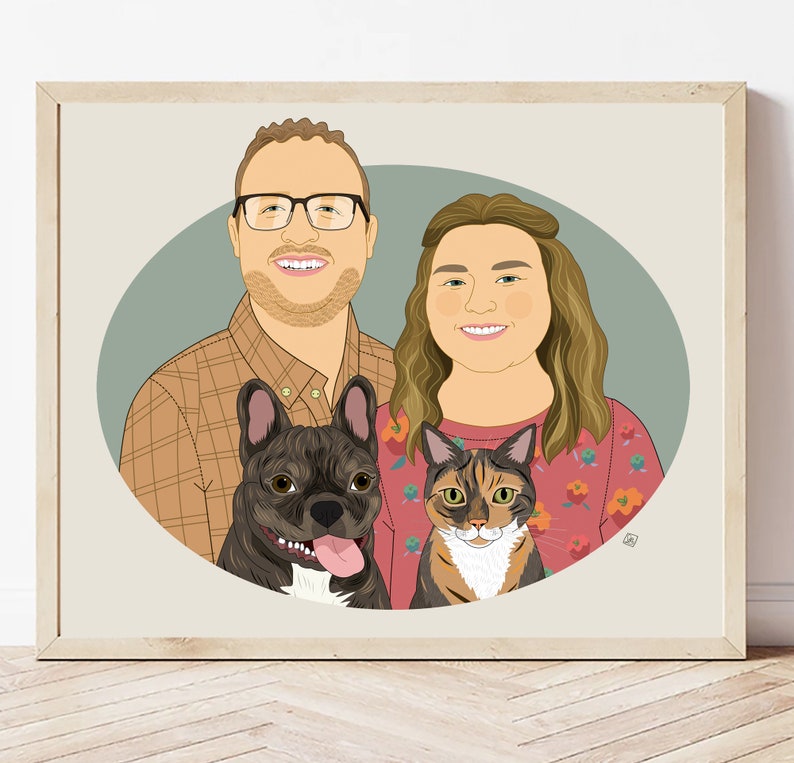 Décoration d'intérieur unique. Cadeau pour ami propriétaire d'animal de compagnie. Portrait personnalisé. Portrait de couple personnalisé avec 2 animaux de compagnie, cadeau pour petit ami ou petite amie. image 10