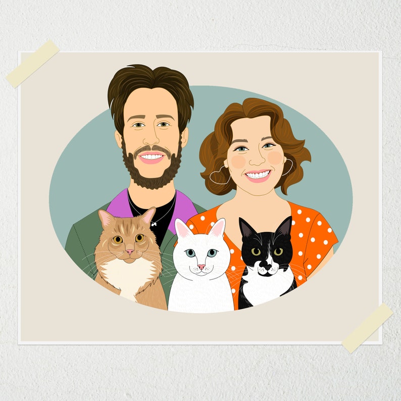 Custom Couple Portrait with 3 Pets. Gift for animal lovers. Couple illustration. Digital portrait. image 6