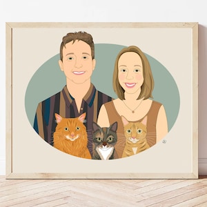 Custom Couple Portrait with Pets. Unique, Artisan, Personalized Portrait from Photos. Gift for Pet Owners, Gift for Her, Gift for Him