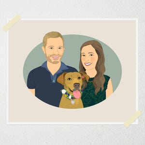 Unique Colourful, Custom Couple Portrait with Pet. Gift for Anniversary or Engagement. Gift for Pet Owners. Humans with Pets, Hand Drawn.