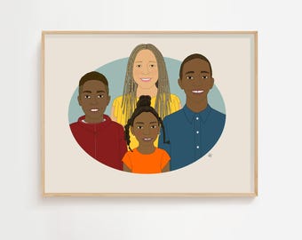 Hand-Drawn Family Portrait Illustration: Christmas Gift for New Parents, 4 People or Pets