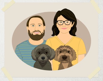 Unique home decor. Gift for Pet Owner Friend. Personalized Portrait. Custom Couple Portrait with 2 pets, Gift for Boyfriend or Girlfriend.