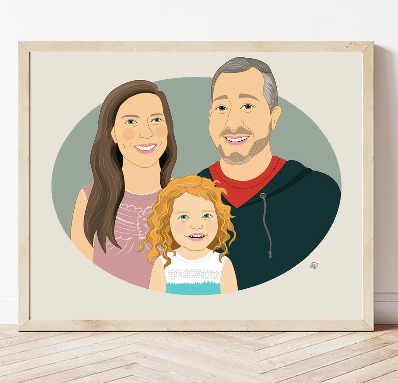 Regalo per una famiglia di 3 persone. Illustrazione familiare personalizzata. Disegno digitale. immagine 4