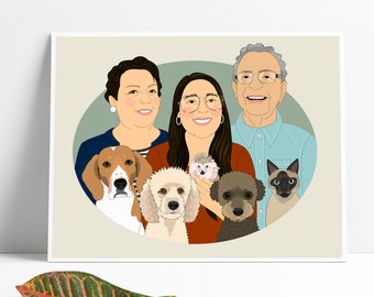 Housewarming gift. Custom Family Portrait With Pets. Portrait from photos. 7 people/pets.