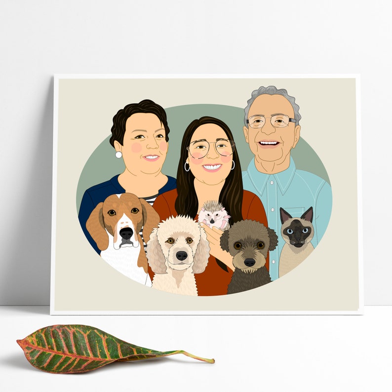 Housewarming gift. Custom Family Portrait With Pets. Portrait from photos. 7 people/pets. image 2