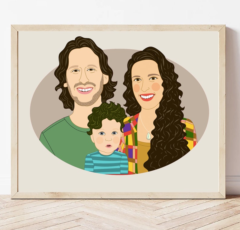 Regalo para familia de 3. Ilustración familiar personalizada. Dibujo Digital. imagen 6