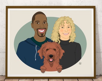 Portrait de couple personnalisé avec animal de compagnie. Dessin personnalisé à partir d'une photo, cadeau d'anniversaire pour petit ami ou petite amie.