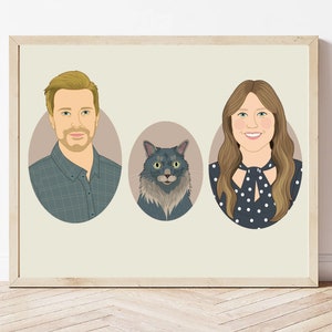 Custom Couple Portrait with pet, Personalized Anniversary or Birthday gift. 2 people & 1 pet. 3 oval frame. image 3