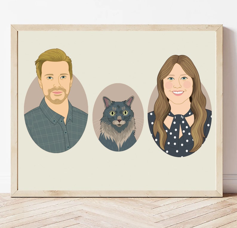 Custom Couple Portrait with pet, Personalized Anniversary or Birthday gift. 2 people & 1 pet. 3 oval frame. image 3