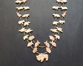 Double Strand Pink Salmon Stone Buffalo with Mixed Animals Fetish Necklace