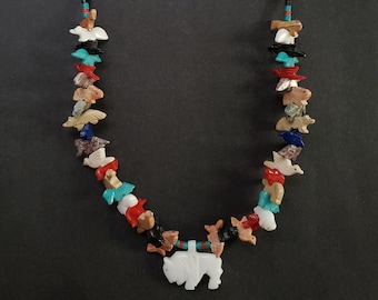 Hand Carved Buffalo with Mixed Animals Fetish Necklace