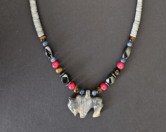 Hand carved Grey Marble  stone Buffalo necklace