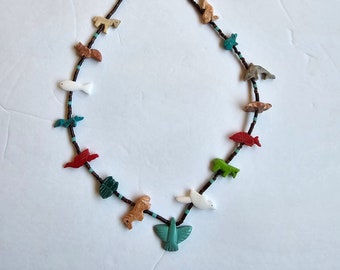 Hand Carved Single Strand Thunderbird Multicolored Mixed Fetish Necklace