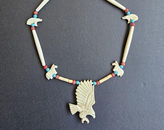 Hand Carved Buffalo Bone Eagle Necklace