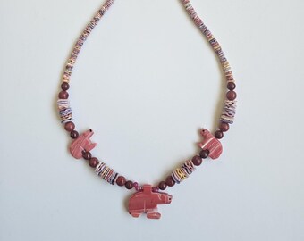 All pink jasper Bear Necklace with Pectin shell heishi.