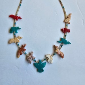 Hand Carved Single Strand Thunderbird Multicolored Mixed Fetish Necklace