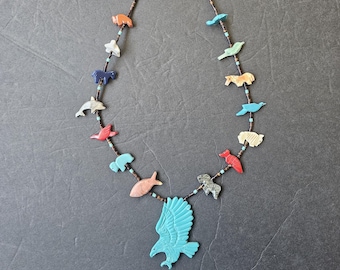 Handmade Eagle with Mixed Animals Fetish Necklace with Black Pen Shell Heishi Beads