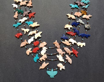 Hand Carved 4 Strand Thunderbird Multicolored Mixed Animals Fetish Necklace