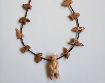Handcarved pink jasper Bear Necklace