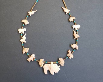 Hand Carved Pink Salmon Stone Buffalo with Mixed Animals Fetish Necklace
