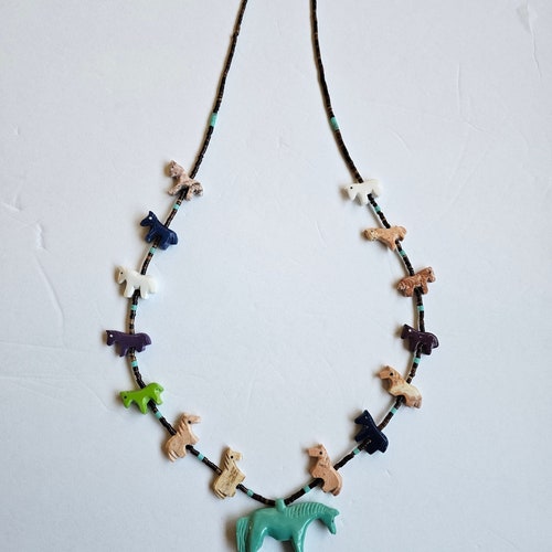 All Horse Multicolored Fetish Necklace with Black Pen Shell