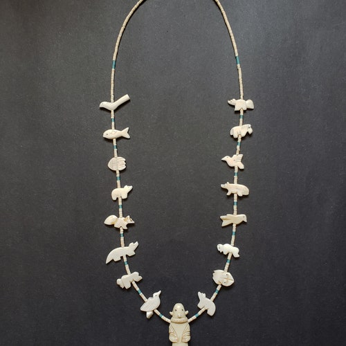Hand Carved Bone Buffalo Dancer with Mixed Animals Fetish Necklace