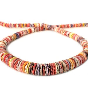 Op de afbeelding: Een kleurrijke ketting gemaakt van ronde, platte, veelkleurige schelp kralen. De kralen zijn gerangschikt in een herhalend patroon van rood, oranje, geel en paars.