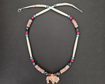 Hand carved pink Jasper  stone Buffalo necklace