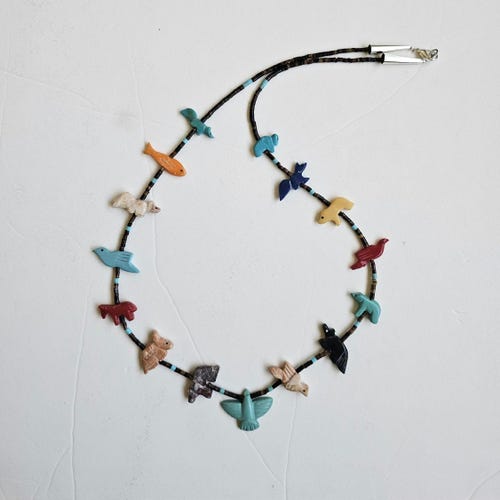 Hand Carved Single Strand Thunderbird Multicolored Mixed Fetish Necklace