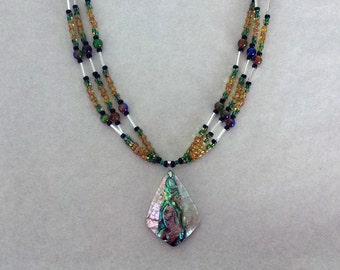 Hand Beaded Triple Strand Glass Beads Southwestern Necklace