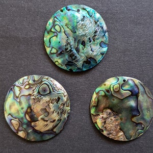 May include: Three round iridescent abalone shell pendants with a hole drilled through the top. The shells have a variety of colors including green, blue, brown, and gold.
