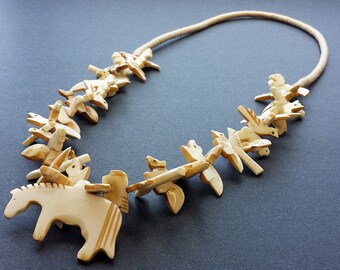 Hand Carved Natural Buffalo Bone Horse with Mixed Animals Fetish Necklace
