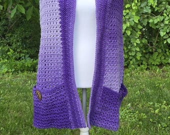 Crochet Pocket Shawl: Purple Ombre Boho Wrap with Coconut Buttons
