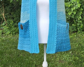 Crochet Pocket Shawl: Ocean Breeze Blue Gradient, Boho Wrap