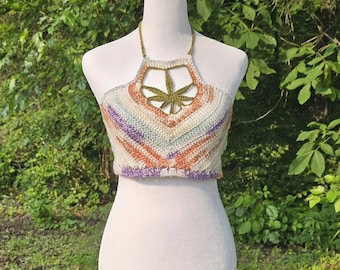 Handmade Crochet Halter Top, Cannabis Leaf Design, Festival Fashion
