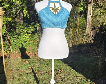 Ocean High Crochet Halter Top  Handmade Blue Cannabis Leaf Crop Top  Boho Festival Halter Stoner Babe Summer Top