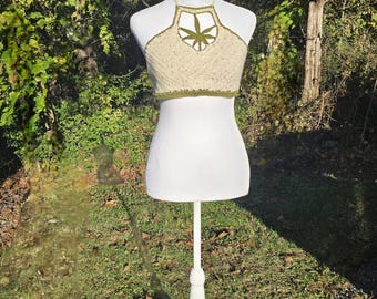 Baked in Beige Crochet Halter Top  Handmade Cannabis Leaf Crop Top Neutral Boho Festival Top  Hippie Stoner Babe Style