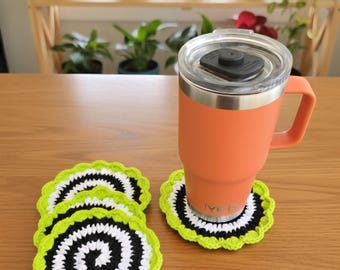 Beetlejuice Crochet Coasters: Black, White & Green Swirl Drink Mats - Set of 4