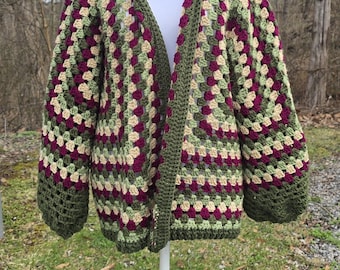 Crochet Hooded Cardigan | Forest Green Granny Stitch Sweater | Oversized Boho Hoodie | Cottagecore Handmade Cardigan
