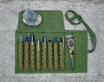 Pen roll for fountain pens and writing utensils with 8 slots in green