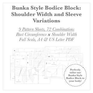 Pode incluir: Um conjunto de 9 folhas de padrões para um bloco de corpete estilo Bunka. As folhas são etiquetadas com as letras A, E, J e H. O texto na folha diz "Circunferência do busto x Largura dos ombros, Escala completa, A4 & US Letter PDF". O texto "Adapte perfeitamente nosso bloco de corpete estilo Bunka ao seu corpo!" está em um círculo.
