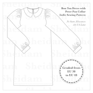 Indie Sewing Pattern - Bon Ton Dress with Peter Pan Collar and Puff Sleeves - EU Sizes Grading - Downloadable PDF (English) - A4, US Letter