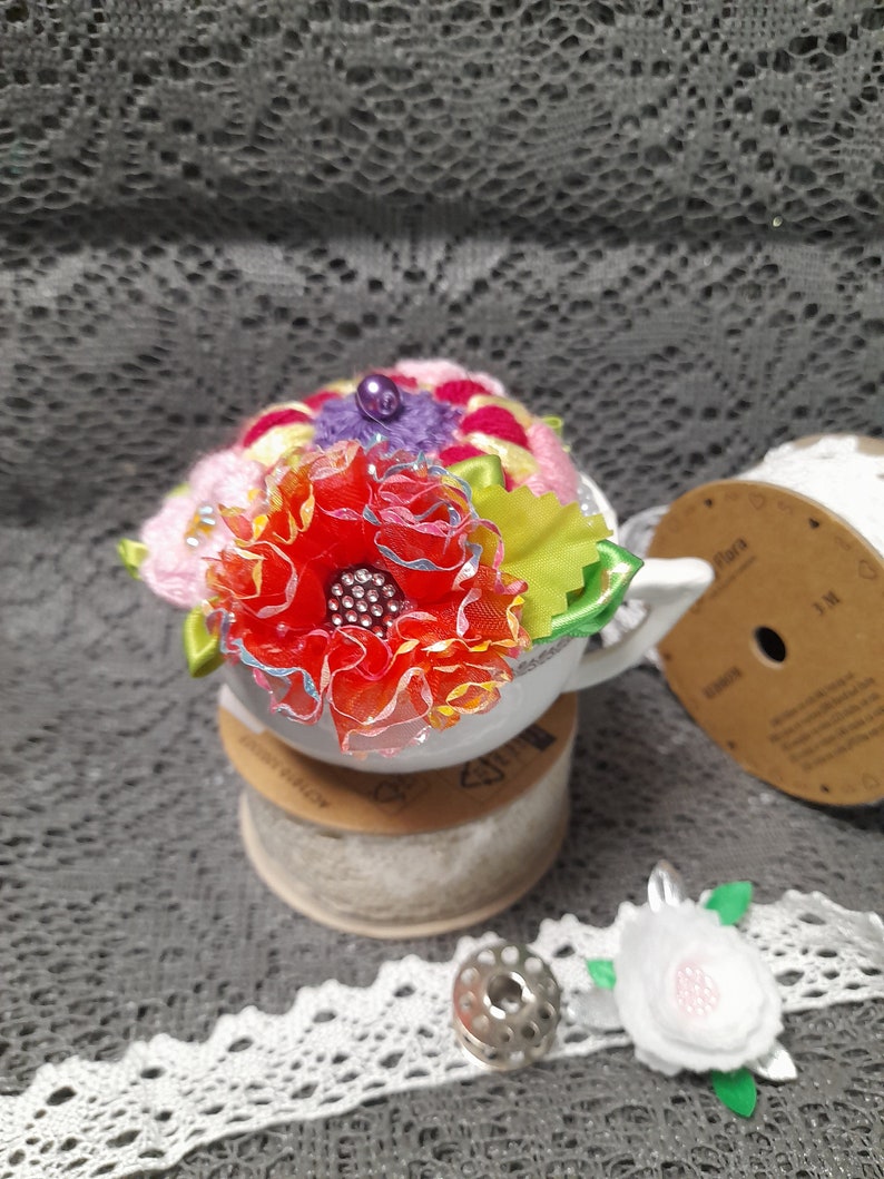 Crochet pincushion Flowers in the tea cup, needle pincushion, Crochet flowers, home decor pin cushion. image 7