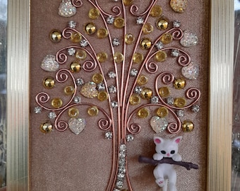 Jeweled framed jewelry art, spring tree, rhinestone decoration, home deco, gift